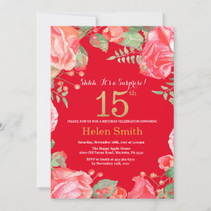 Floral Surprise 15th Birthday Gold Glitter and Red Invitation