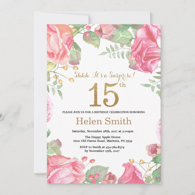 Floral Surprise 15th Birthday Gold Glitter Invitation (Front)