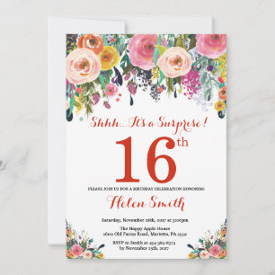 Floral Surprise 16th Birthday Invitation Red