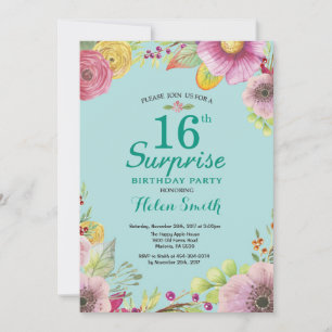 Floral Surprise 16th Birthday Invitation Teal