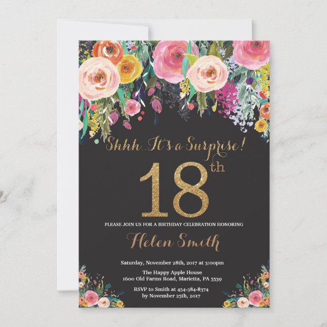Floral Surprise 18th Birthday Invitation Gold (Front)