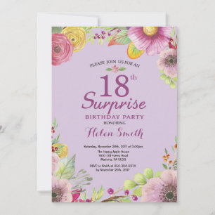 Floral Surprise 18th Birthday Invitation Purple
