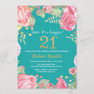 Floral Surprise 21st Birthday Gold and Teal Invitation