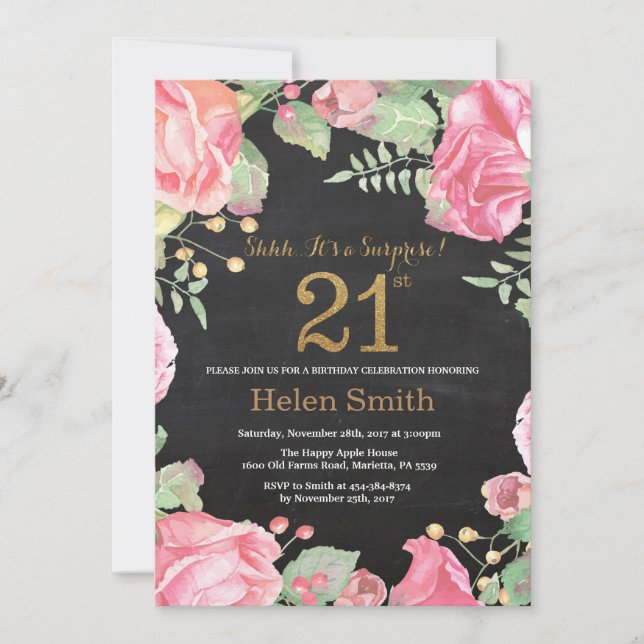 Floral Surprise 21st Birthday Gold Glitter Invitation (Front)