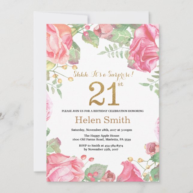 Floral Surprise 21st Birthday Gold Glitter Invitation (Front)