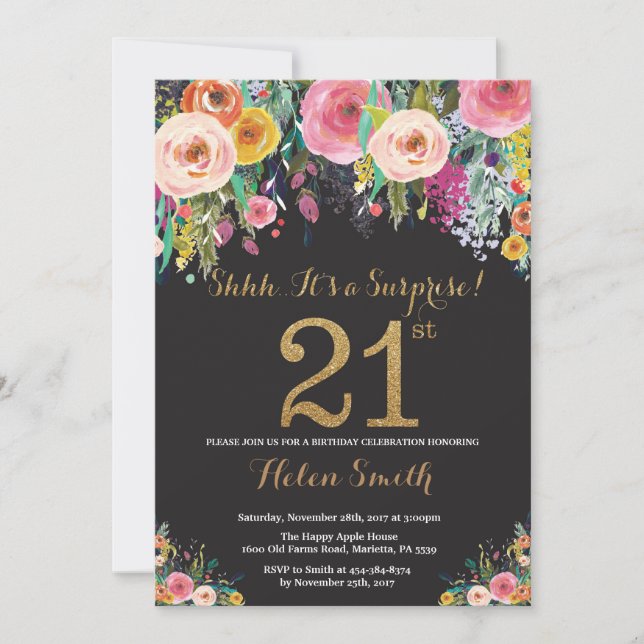 Floral Surprise 21st Birthday Invitation Gold (Front)