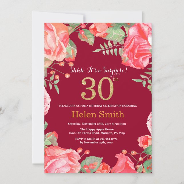 Floral Surprise 30th Birthday Gold Burgundy Red Invitation (Front)