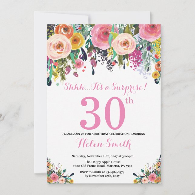 Floral Surprise 30th Birthday Invitation Pink (Front)