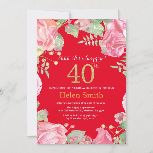 Floral Surprise 40th Birthday Gold Glitter and Red Invitation (Front)