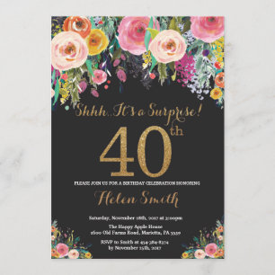 Floral Surprise 40th Birthday Invitation Gold