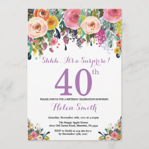Floral Surprise 40th Birthday Invitation Purple