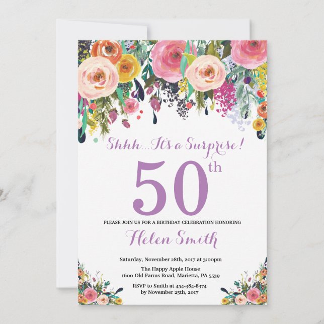 Floral Surprise 50th Birthday Invitation Purple (Front)
