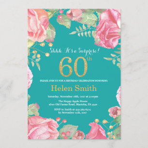 Floral Surprise 60th Birthday Gold and Teal Invitation