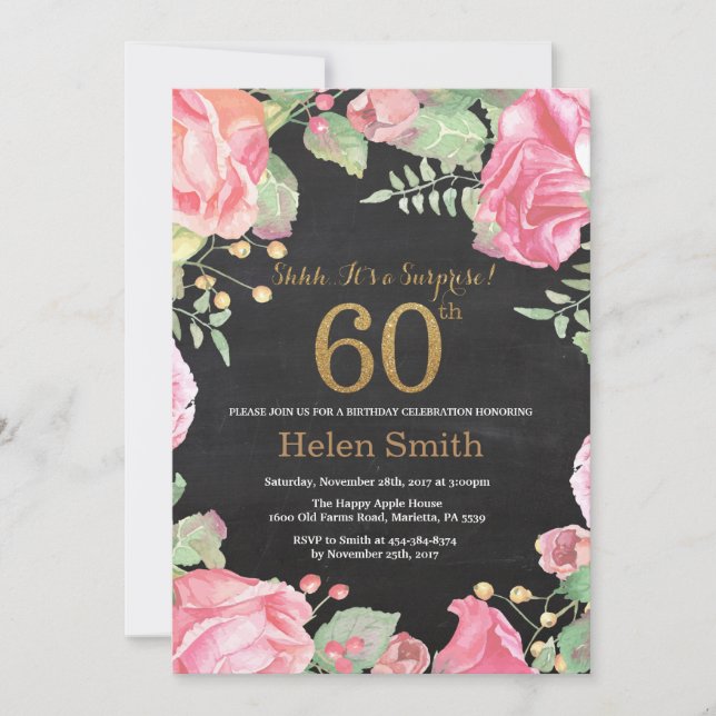 Floral Surprise 60th Birthday Gold Glitter Invitation (Front)