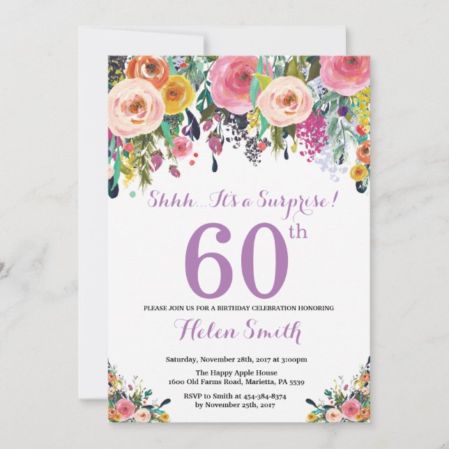 Floral Surprise 60th Birthday Invitation Purple (Front)