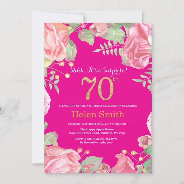 Floral Surprise 70th Birthday Gold and Hot Pink Invitation (Front)