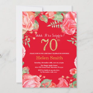 Floral Surprise 70th Birthday Gold Glitter and Red Invitation