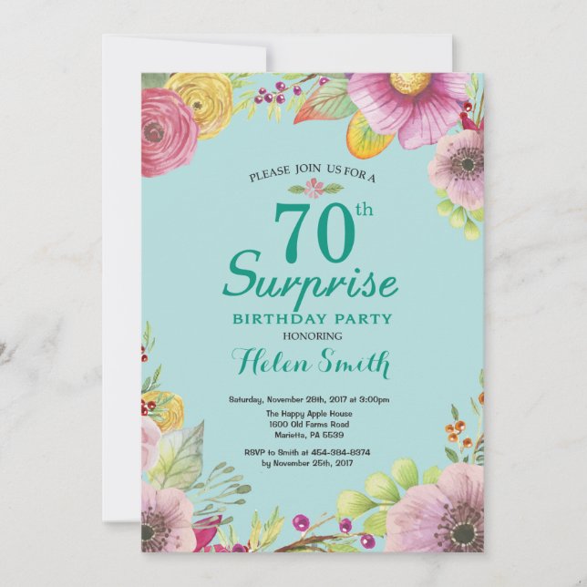 Floral Surprise 70th Birthday Invitation Teal (Front)