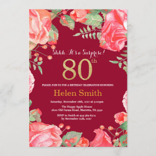 Floral Surprise 80th Birthday Gold Burgundy Red Invitation