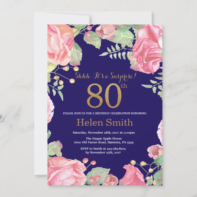 Floral Surprise 80th Birthday Gold Glitter Blue Invitation (Front)