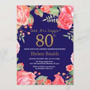 Floral Surprise 80th Birthday Gold Glitter Blue Invitation