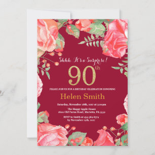 Floral Surprise 90th Birthday Gold Burgundy Red Invitation