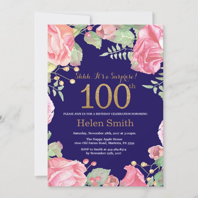 Floral Surprise 90th Birthday Gold Glitter Blue Invitation (Front)