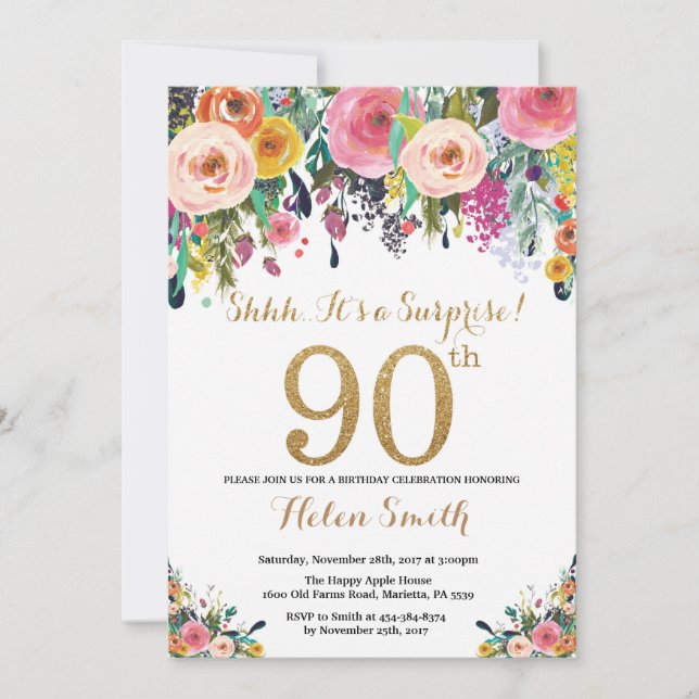Floral Surprise 90th Birthday Invitation Gold (Front)
