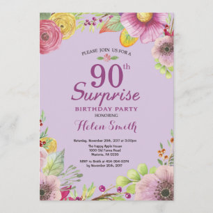 Floral Surprise 90th Birthday Invitation Purple