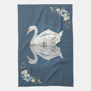 Floral Swan Blue Reflection Tea Towel