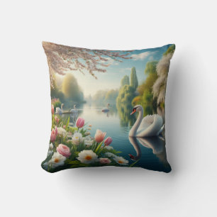 Floral swan lake spring artwork cushion