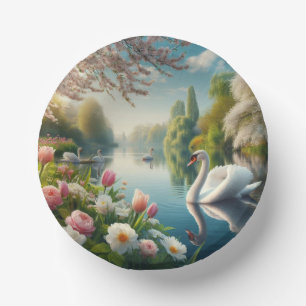 Floral swan lake spring artwork paper plate