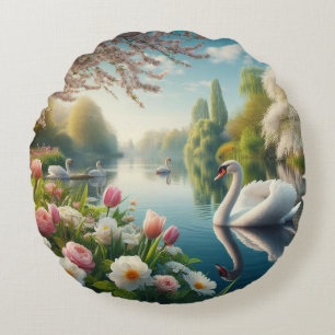 Floral swan lake spring artwork round cushion