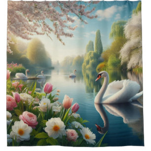 Floral swan lake spring artwork shower curtain