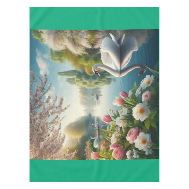 Floral swan lake spring artwork tablecloth (Front)