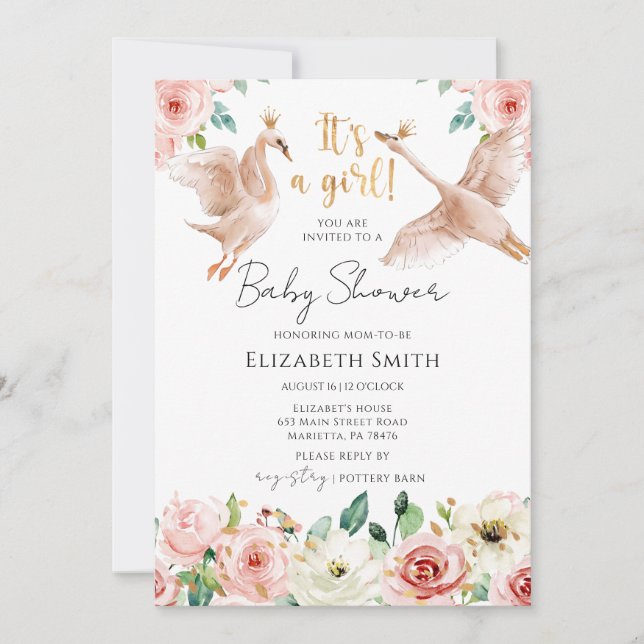 Floral Swan Princess Baby Shower Invitation (Front)