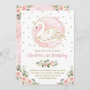 Floral Swan Princess / Peach Blush Gold Birthday Invitation
