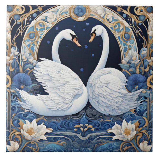 Floral Swans Art Nouveau Bird Art Deco Blue Ceramic Tile (Front)
