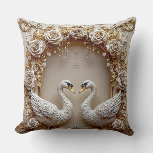 Floral Swans Wedding Gold Pearl Romantic Blossom Cushion