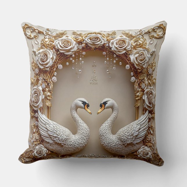Floral Swans Wedding Gold Pearl Romantic Blossom Cushion (Front)