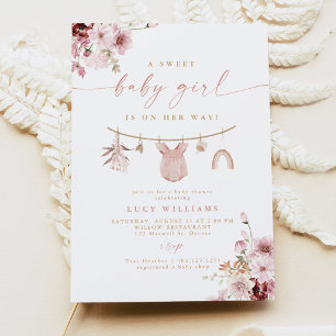 Floral Sweet Baby Girl Clothesline Baby Shower Invitation