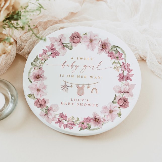 Floral Sweet Baby Girl Clothesline Baby Shower Paper Plate (Creator Uploaded)