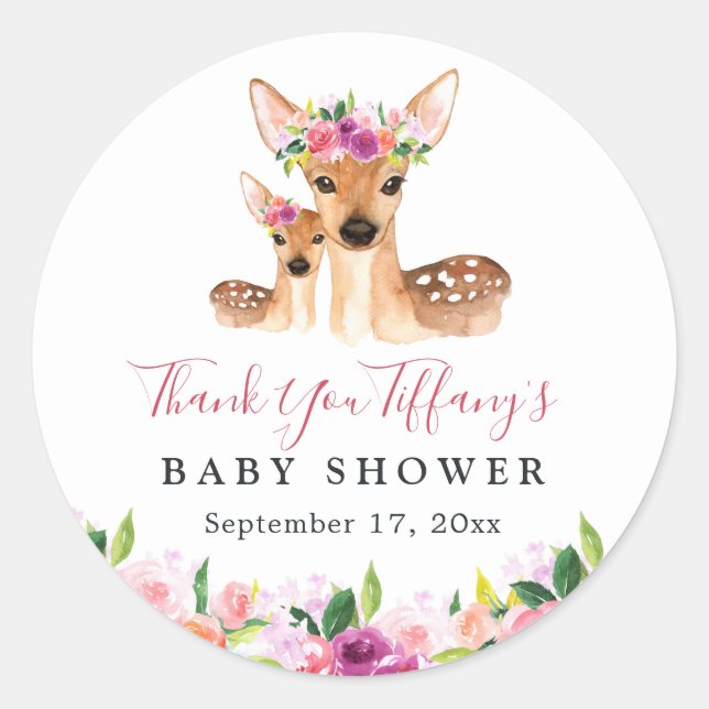 Floral Sweet Deer Mum And Baby Baby Shower Classic Round Sticker (Front)