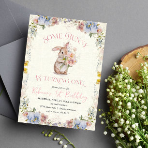 Floral Sweet Little Bunny 1st Birthday Invitation