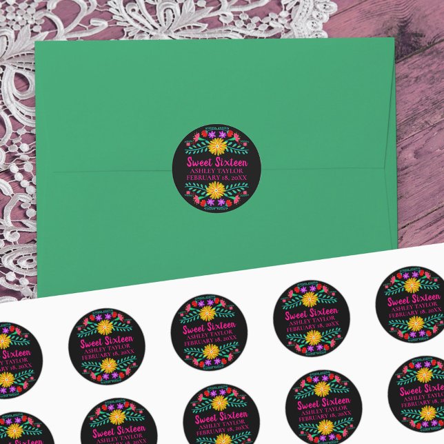 Floral Sweet Sixteen Black Pink Mexican Fiesta Classic Round Sticker (Sweet Sixteen stickers from my Mexican Fiesta Floral collection
)