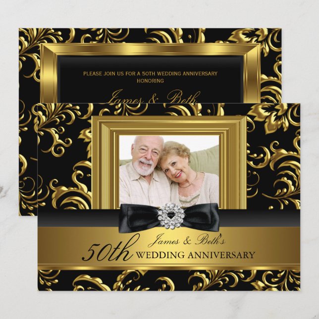 Floral Swirl Bow Photo 50th Wedding Anniversary Invitation (Front/Back)