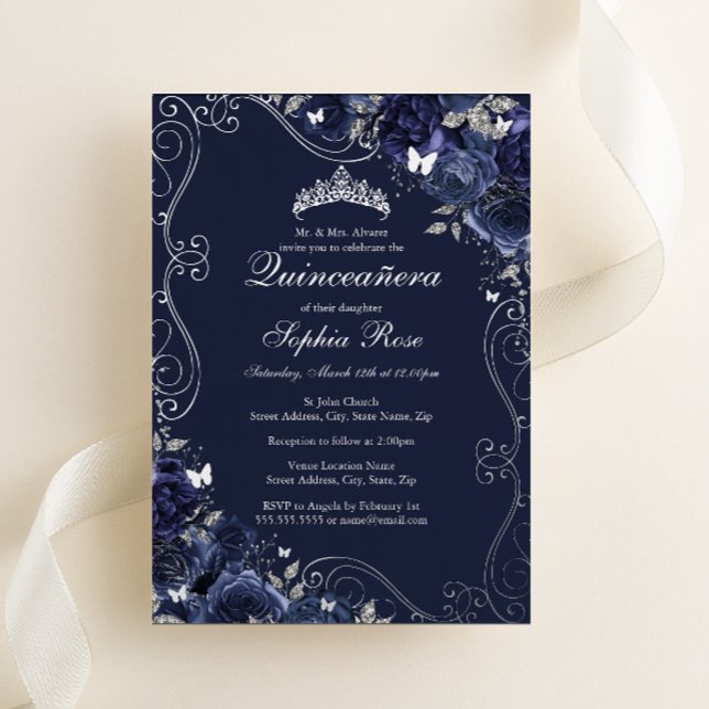Floral Swirl Navy Silver Butterfly Quinceanera (Creator Uploaded)