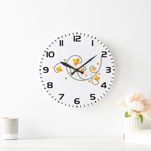Floral Swirl Pattern with Orange and Yellow Flower Large Clock (Creator Uploaded)