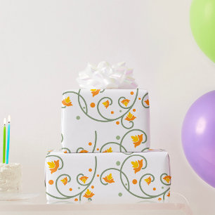 Floral Swirl Pattern with Orange and Yellow Flower Wrapping Paper