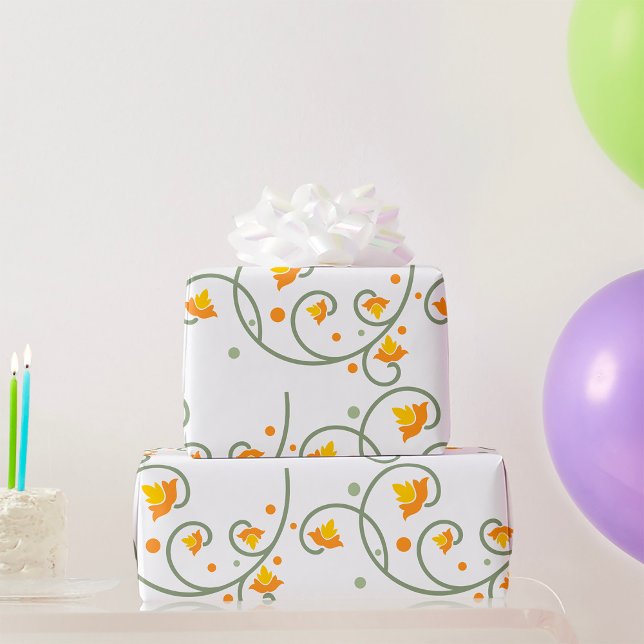 Floral Swirl Pattern with Orange and Yellow Flower Wrapping Paper (Creator Uploaded)